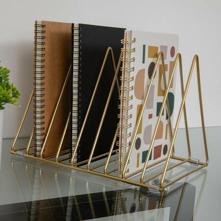 Martha Stewart Ryder Gold Metal 9 Slot Triangle Magazine File Holder, Desktop Organizer Sorter HH-OHD16-GLD-MS